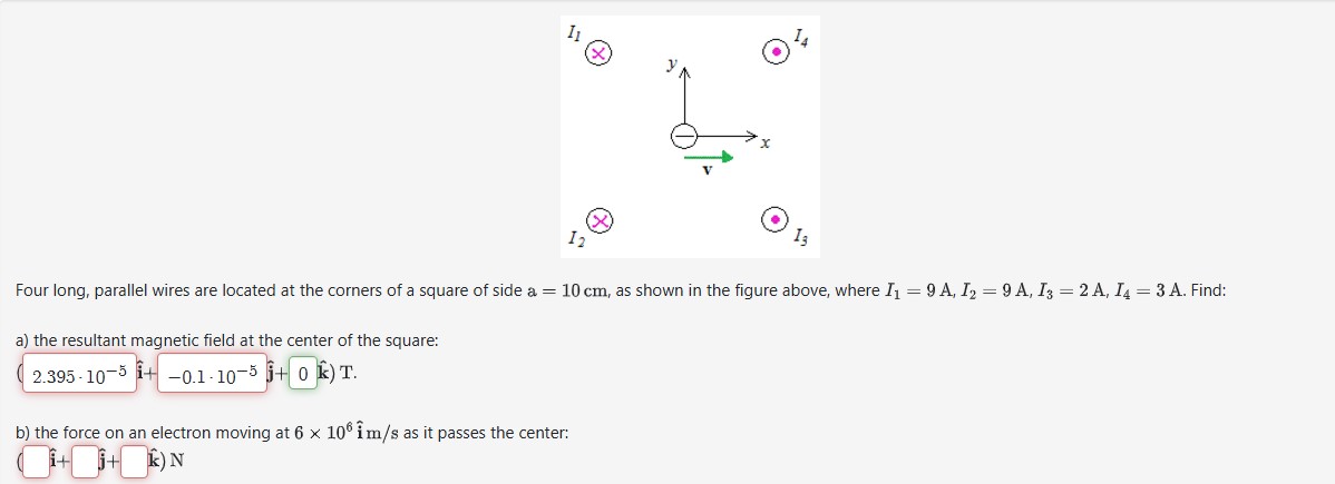 Four long, parallel wires are located at the