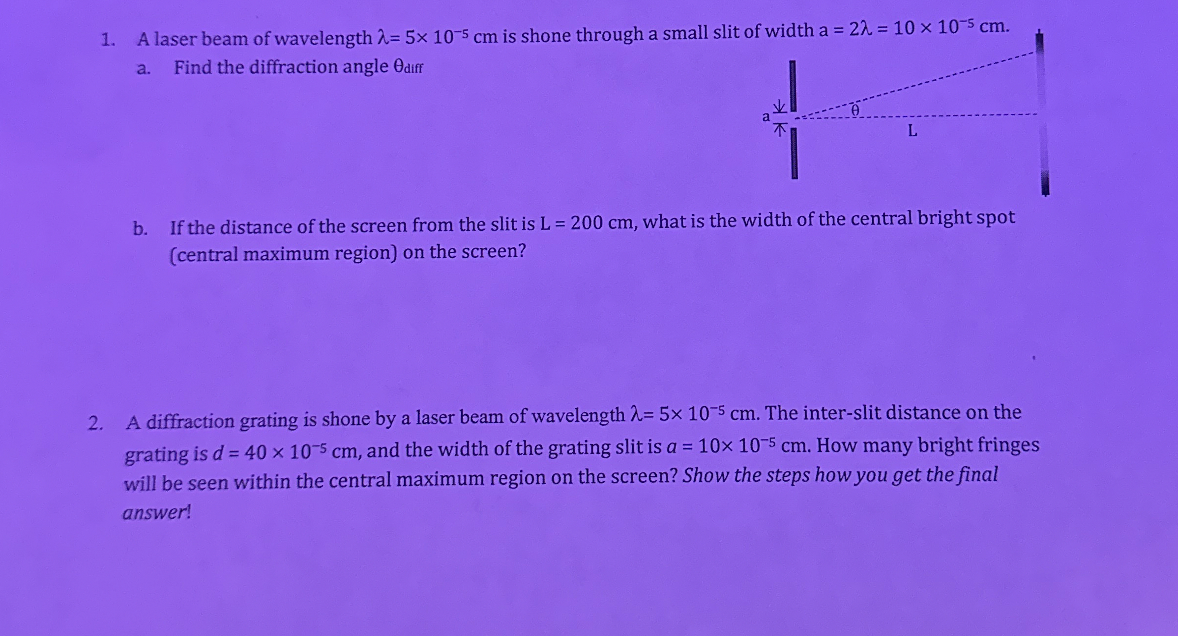 A laser beam of wavelength = 5 1 0 - 5 c m is