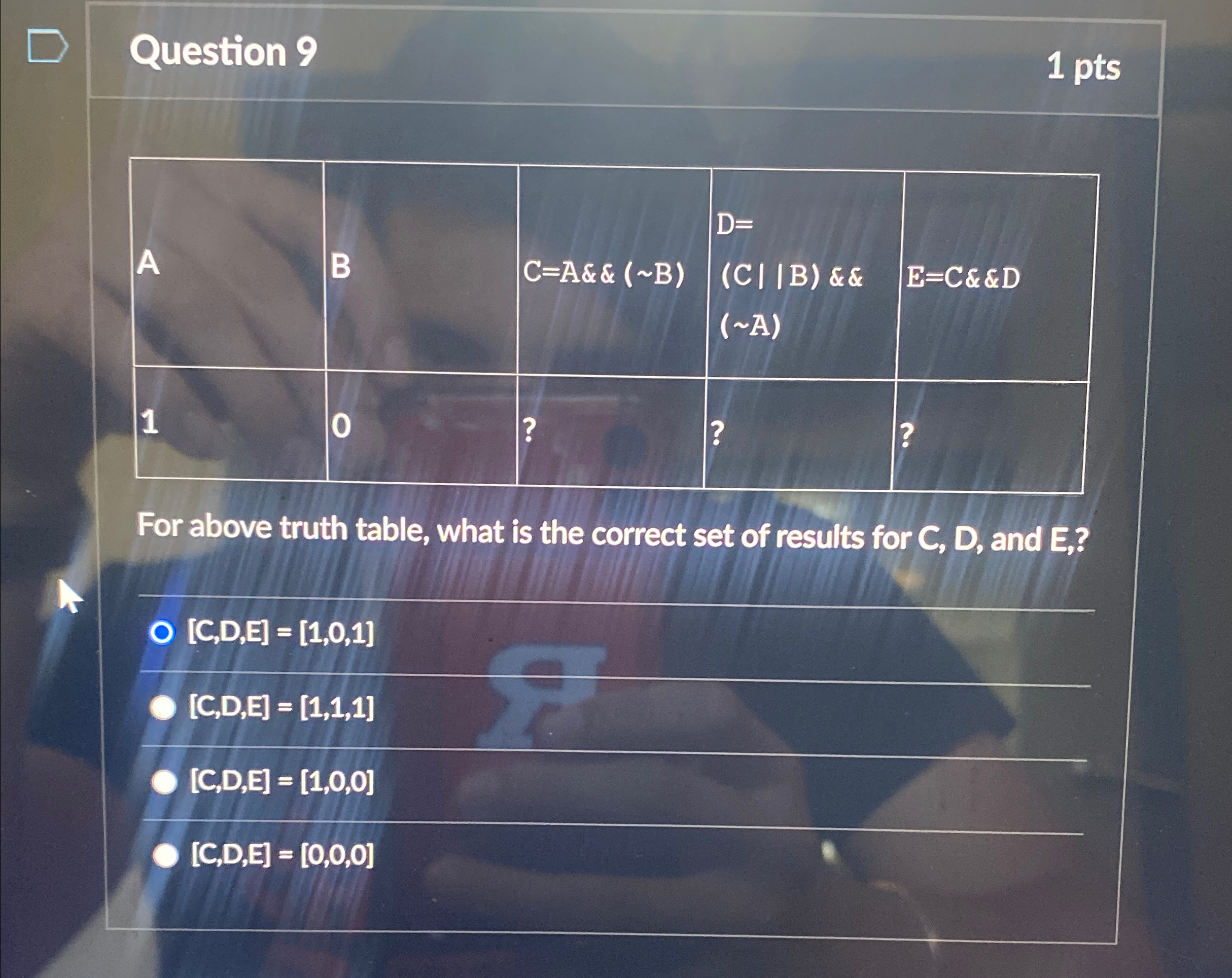 Question 9 1 pts \ table [ [ A , B , C = A && ( B