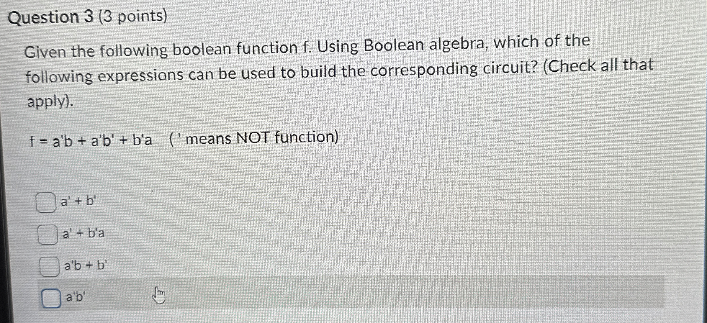 Question 3 ( 3 points ) Given the following