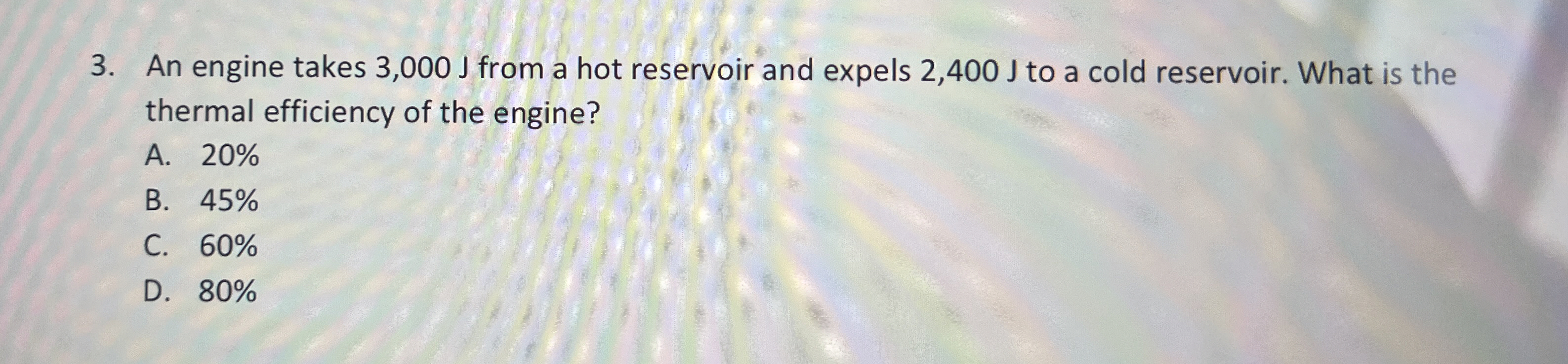 An engine takes 3 , 0 0 0 J from a hot reservoir