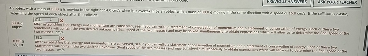 PREVIOUS ANSWERS ASK YOUR TEACHER An object with