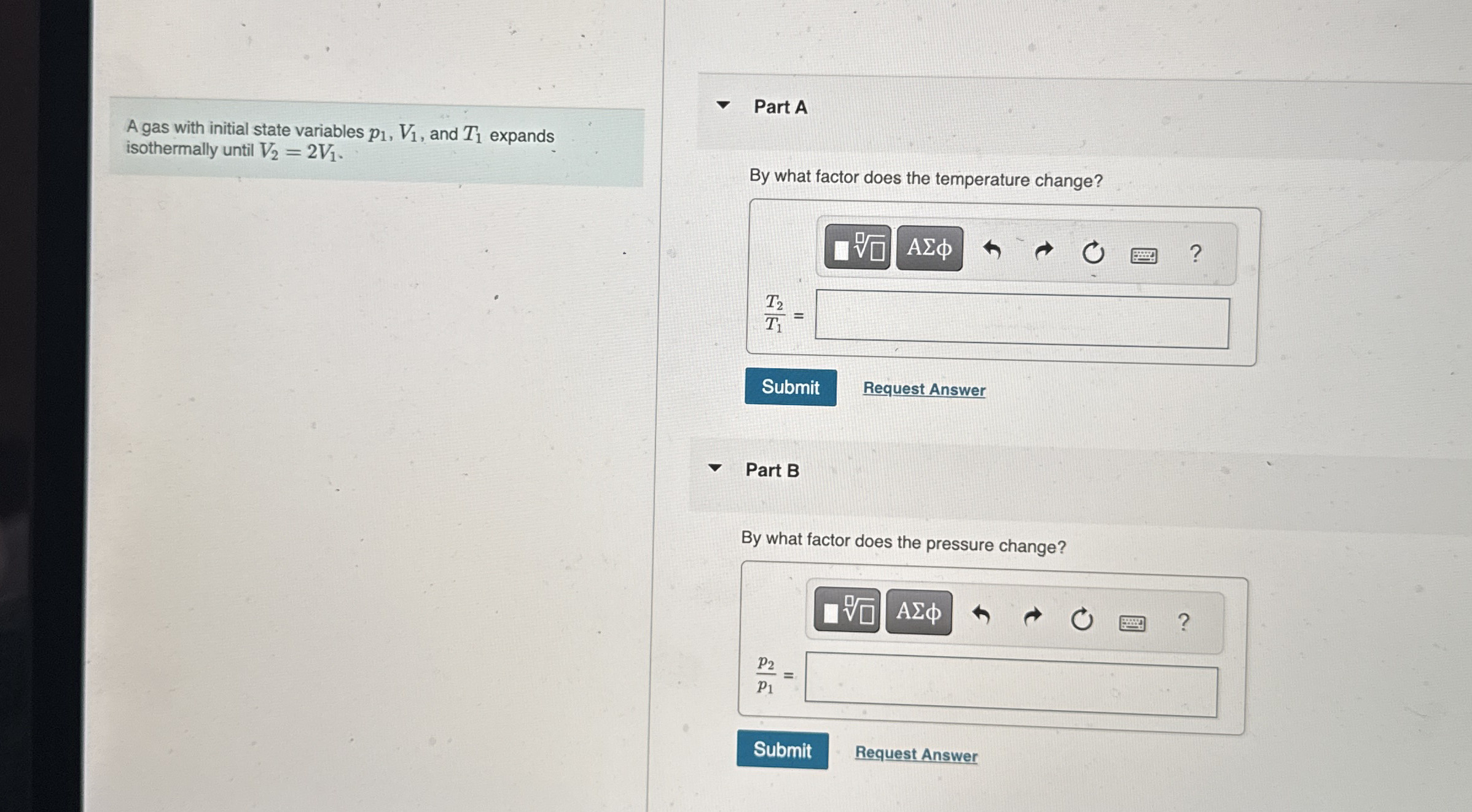 A gas with initial state variables p 1 , V 1 ,