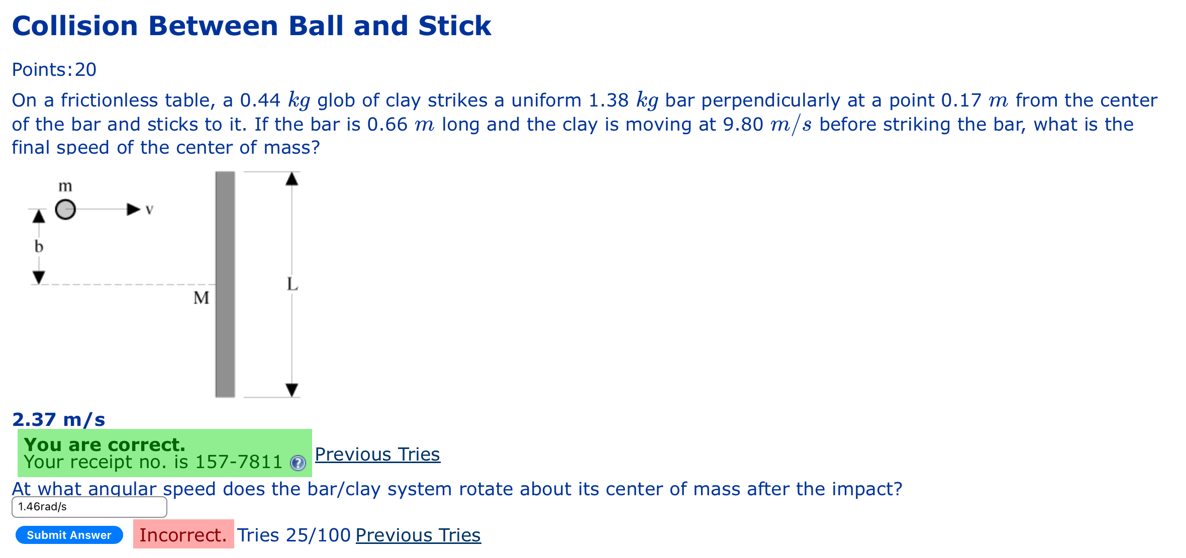 Collision Between Ball and Stick Points: 2 0 On a