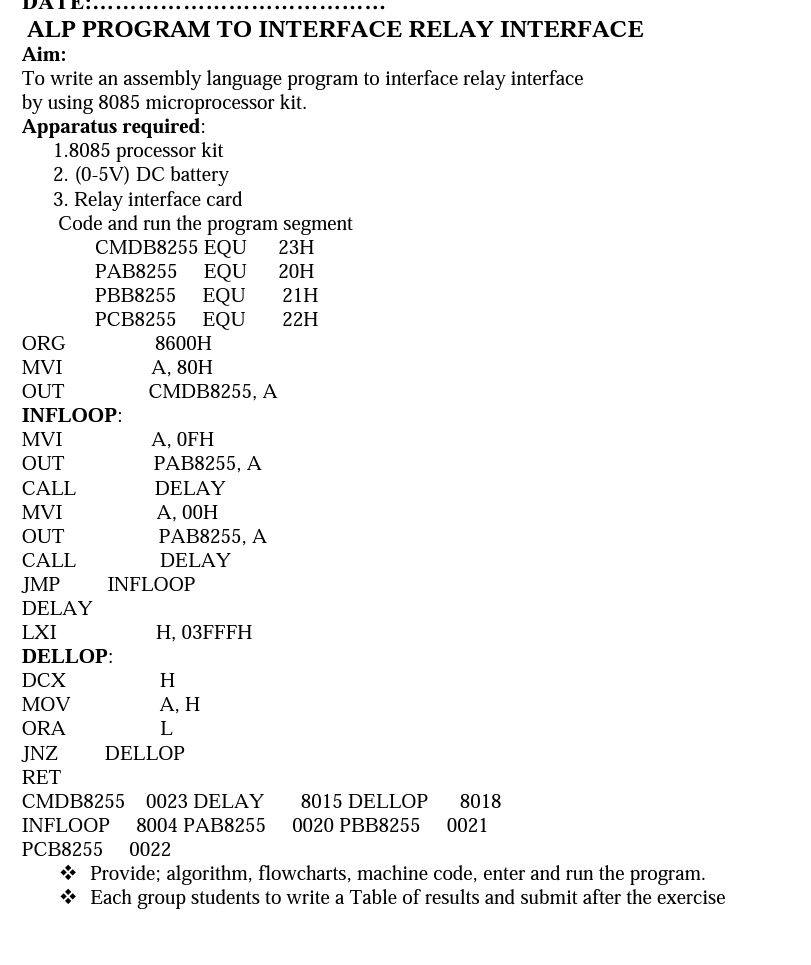 ALP PROGRAM TO INTERFACE RELAY INTERFACE Aim: To
