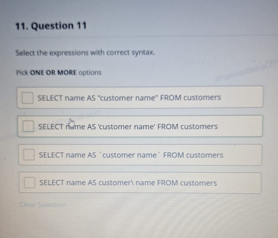 Question 1 1 Select the expressions with correct