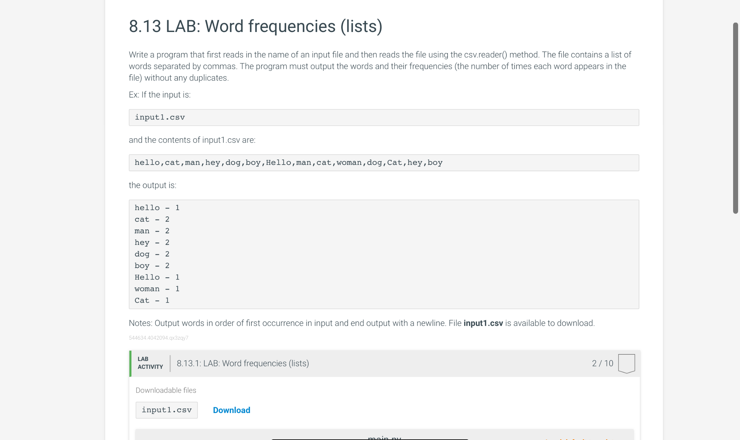 8 . 1 3 LAB: Word frequencies ( lists ) Write a