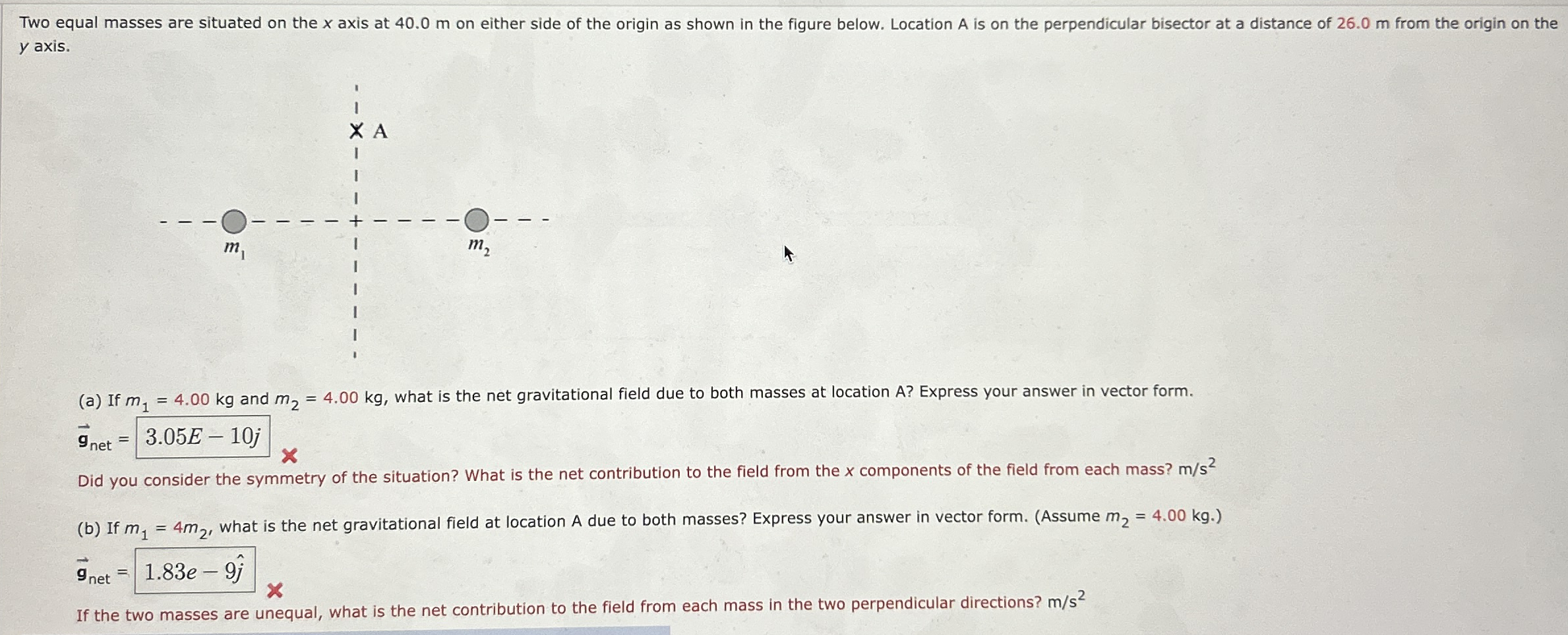 Two equal masses are situated on the x axis at 4
