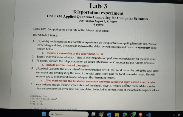 Lab 3 Teleportation experiment CSCI 4 2 0 Applied