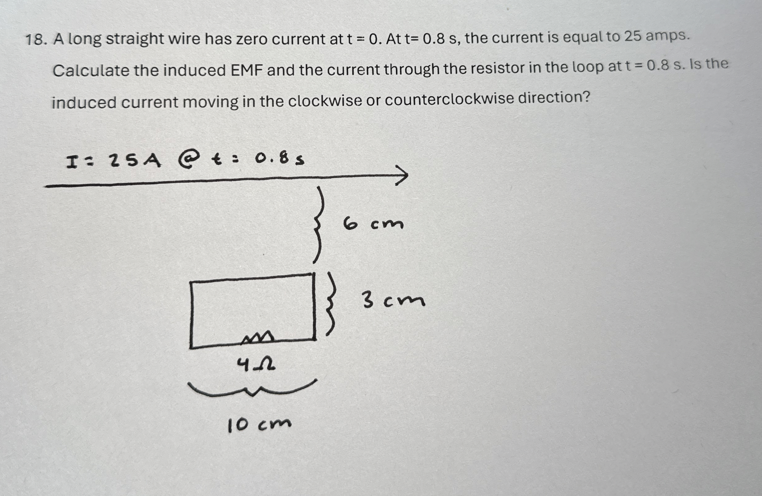 A long straight wire has zero current at t = 0 .