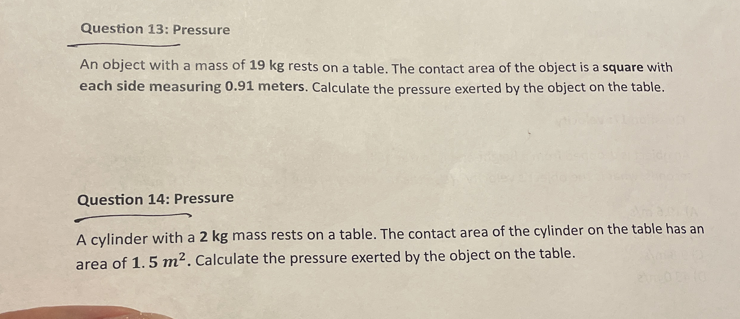 Question 1 3 : Pressure An object with a mass of
