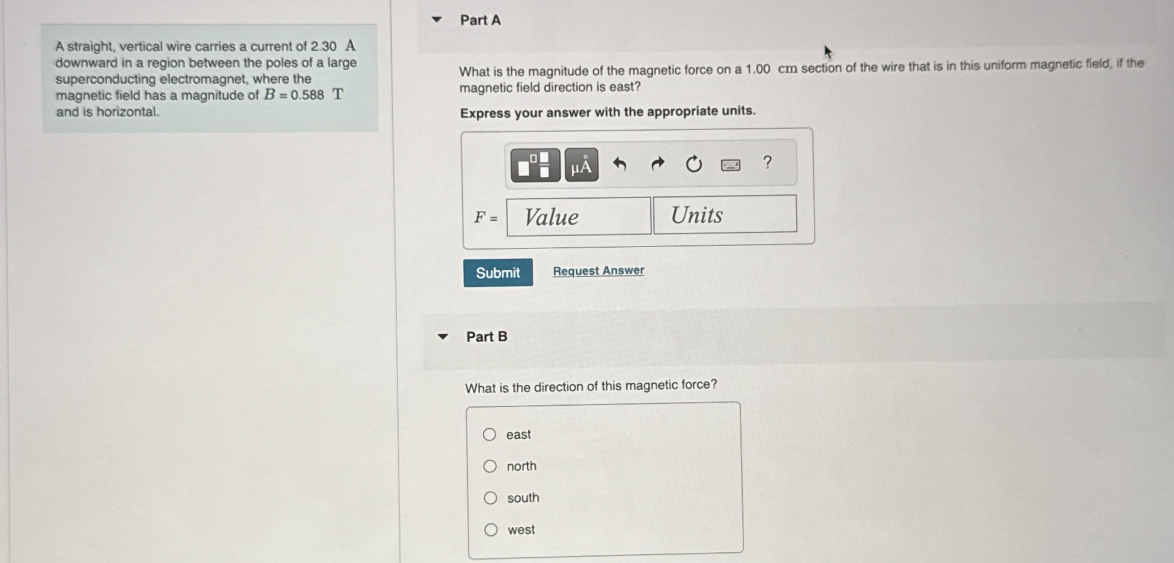 A straight, vertical wire carries a current of 2