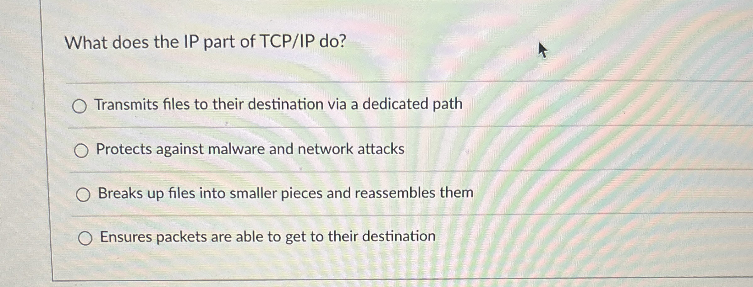 What does the IP part of TCP / IP do ? Transmits