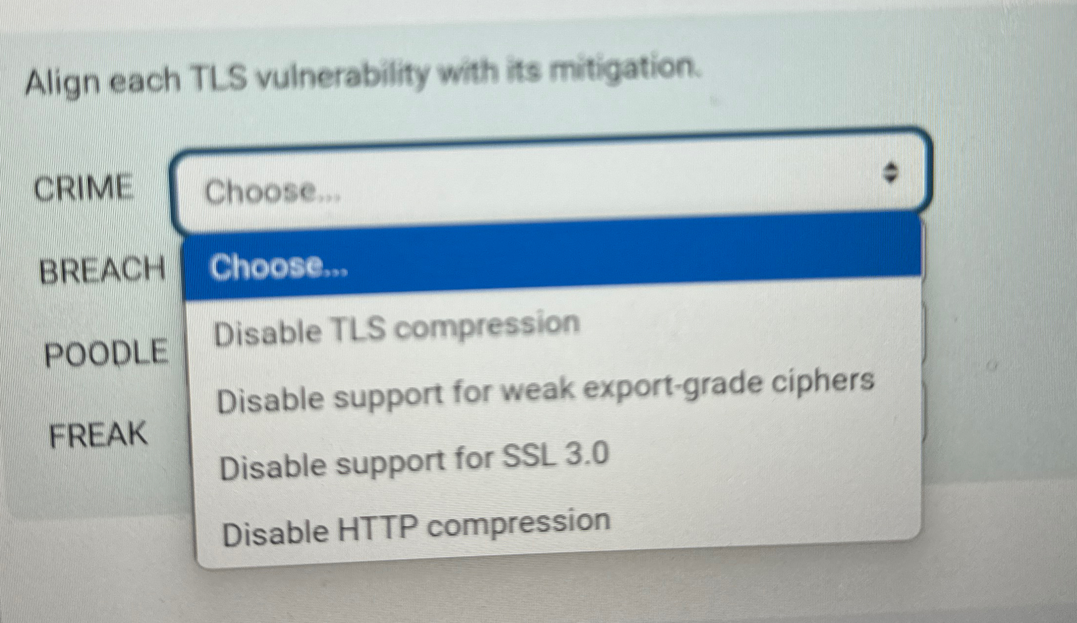 Align each TLS vulnerability with its mitigation.
