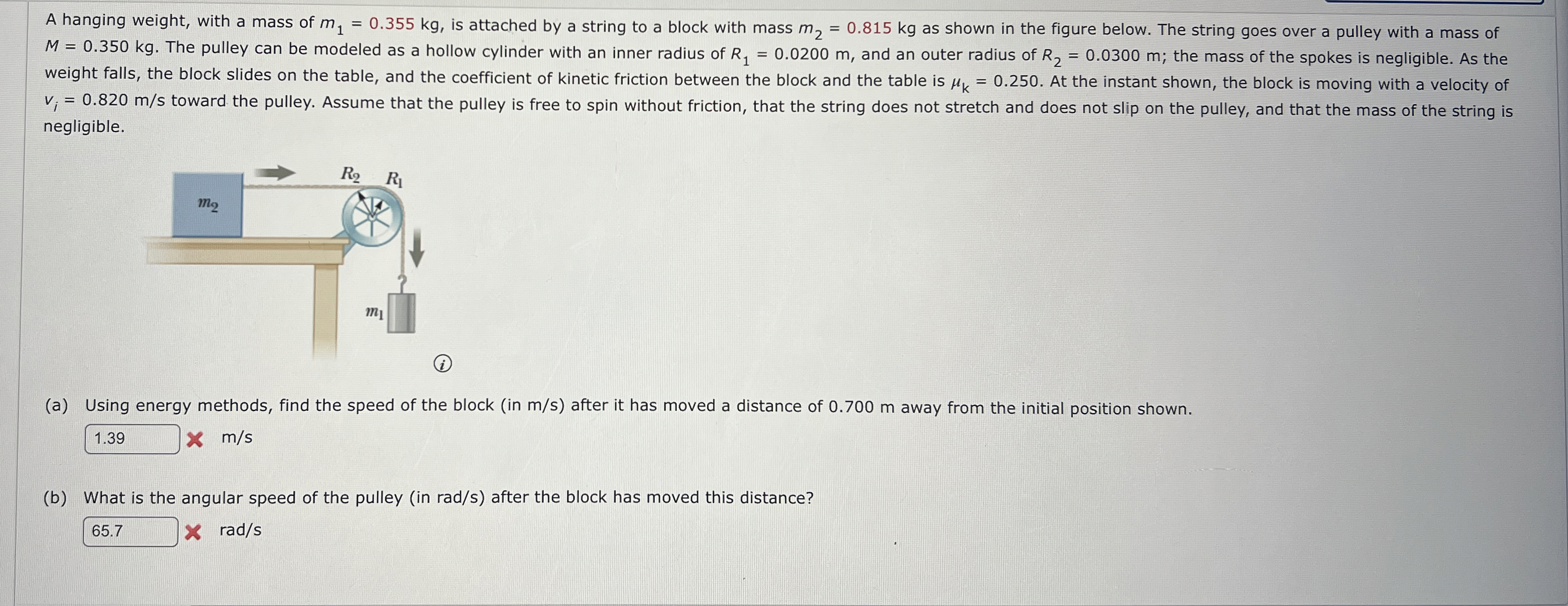 A hanging weight, with a mass of m 1 = 0 . 3 5 5