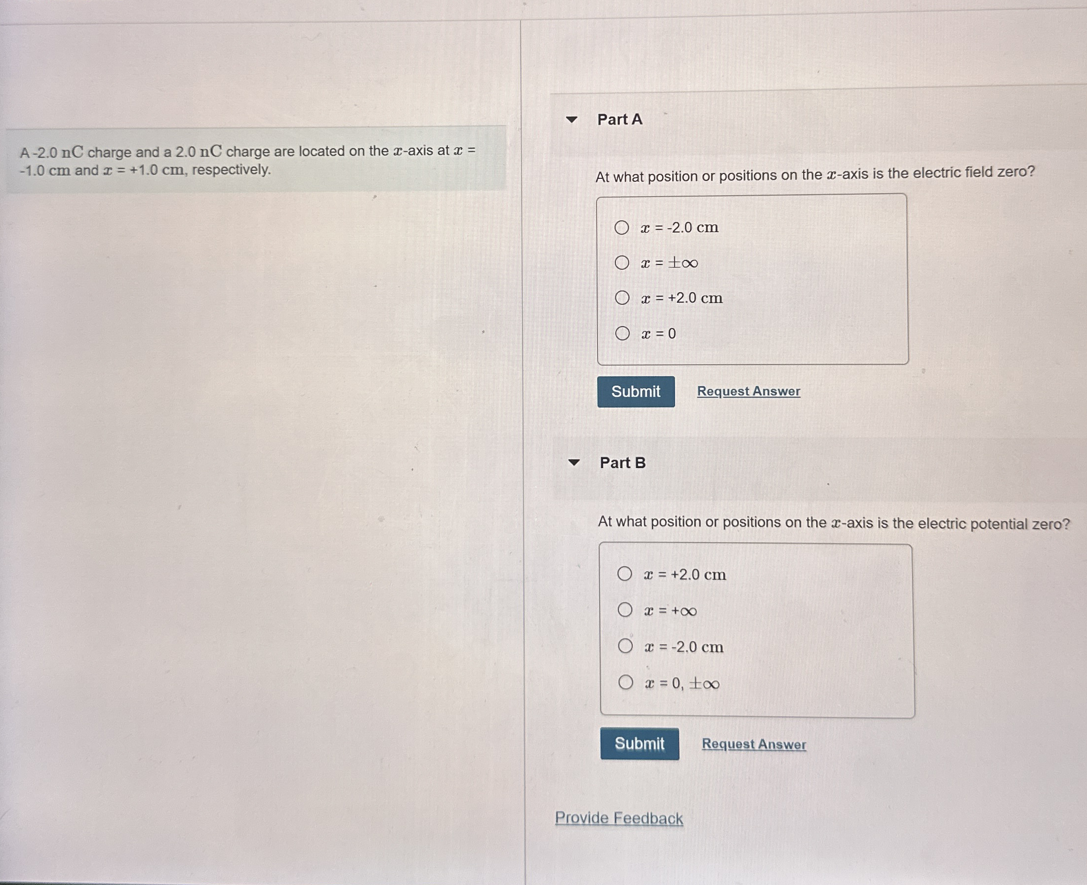 A - 2 . 0 nC charge and a 2 . 0 nC charge are