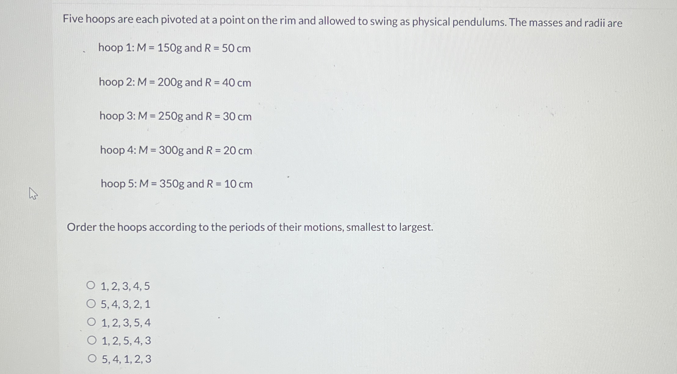 Five hoops are each pivoted at a point on the rim