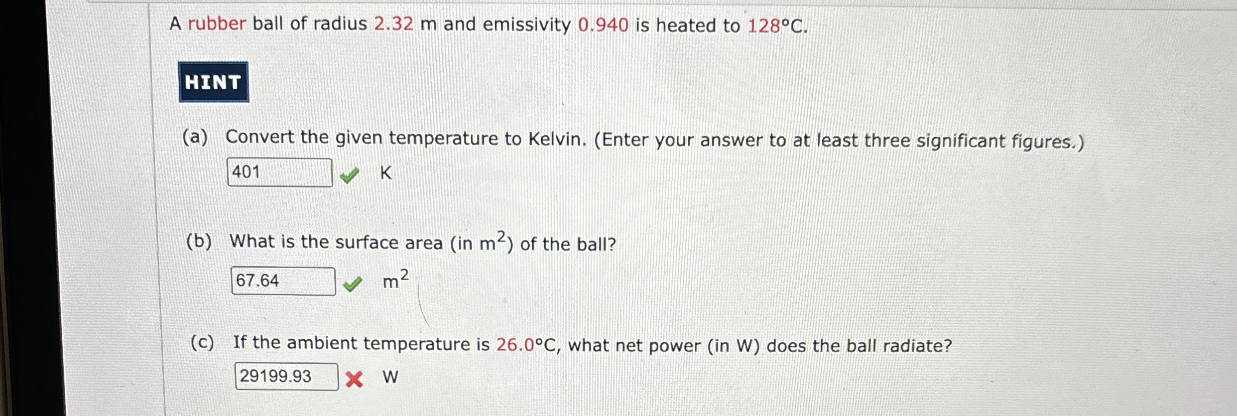 A rubber ball of radius 2 . 3 2 m and emissivity