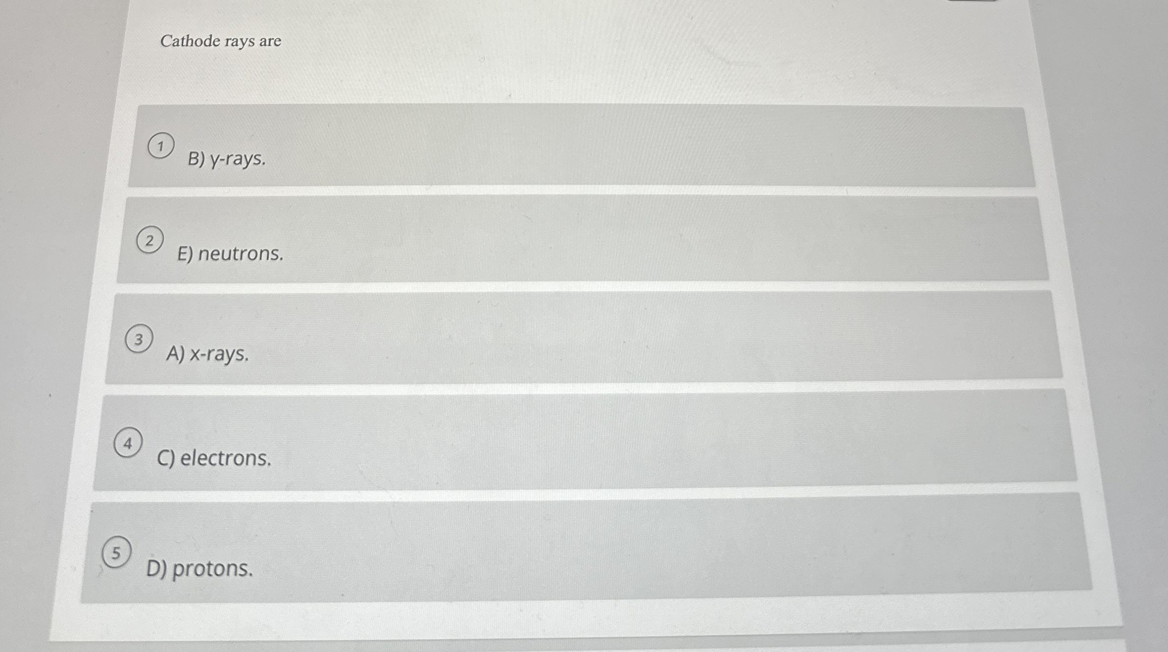 Cathode rays are B ) y - rays. E ) neutrons. A )