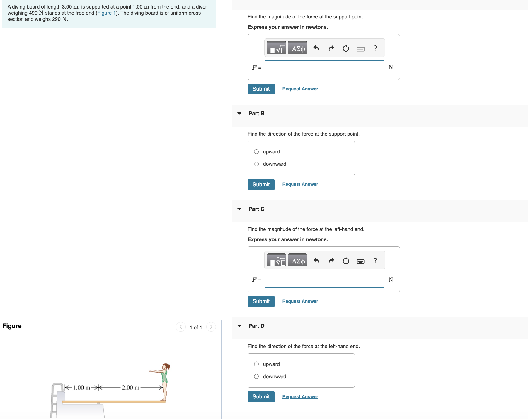 A diving board of length 3 . 0 0 m is supported