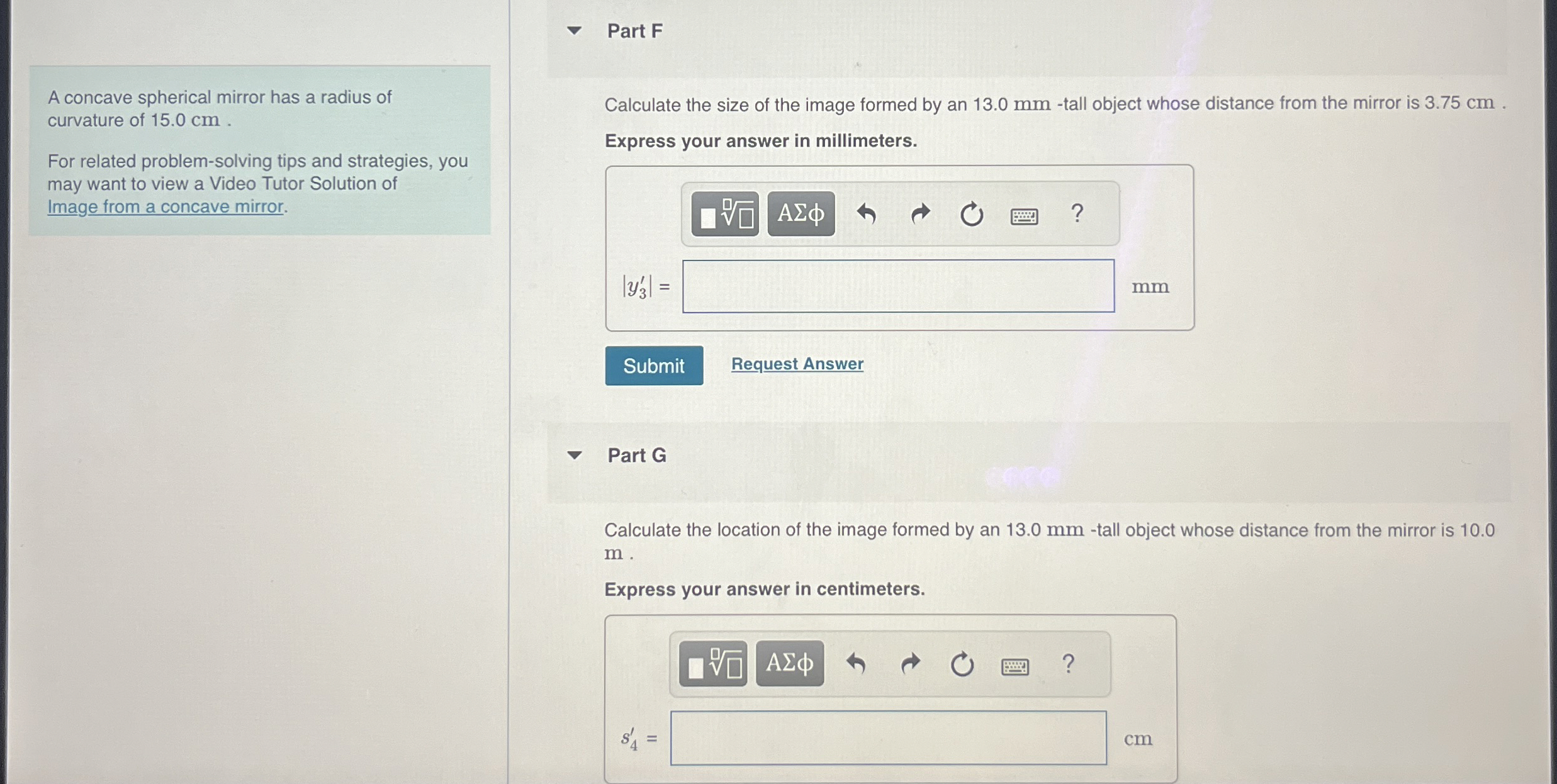 Part F A concave spherical mirror has a radius of