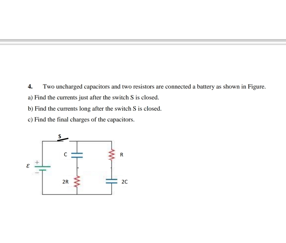 Two uncharged capacitors and two resistors are