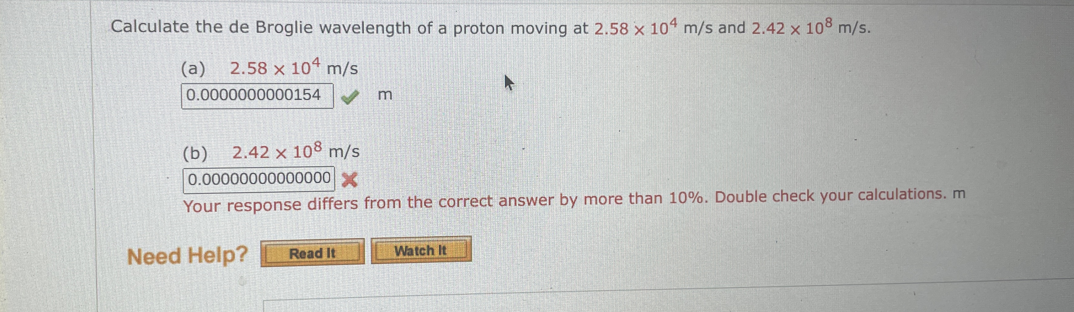 Calculate the de Broglie wavelength of a proton