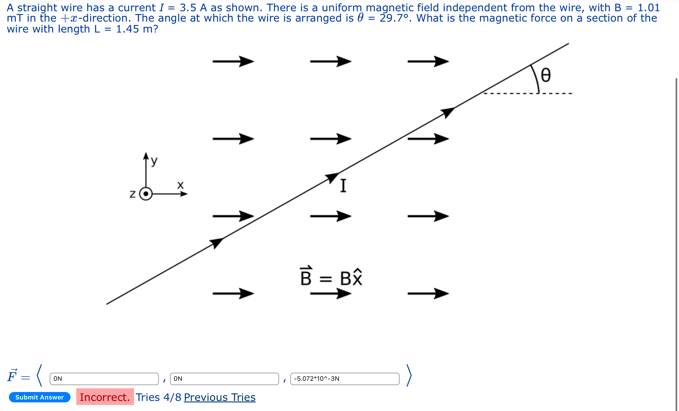 A straight wire has a current I = 3 . 5 A as