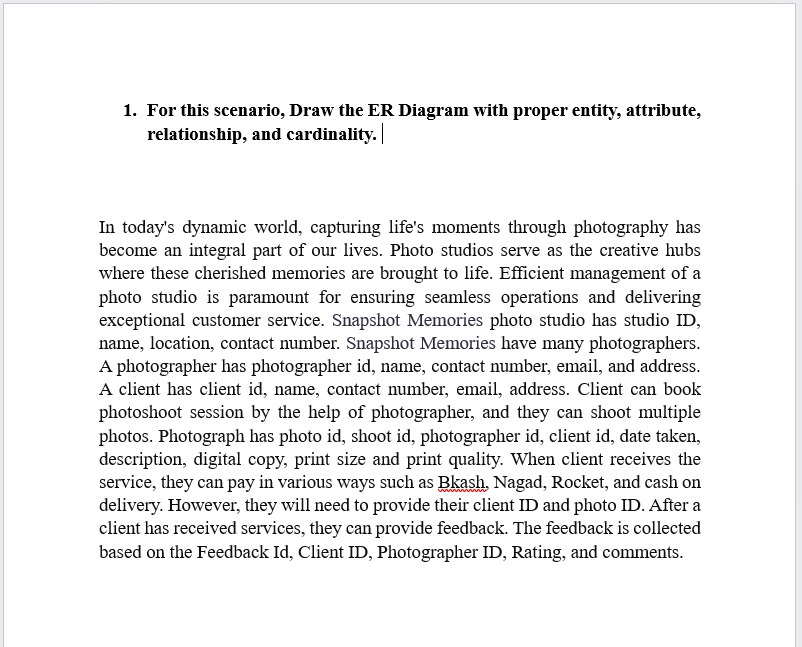 For this scenario, Draw the ER Diagram with