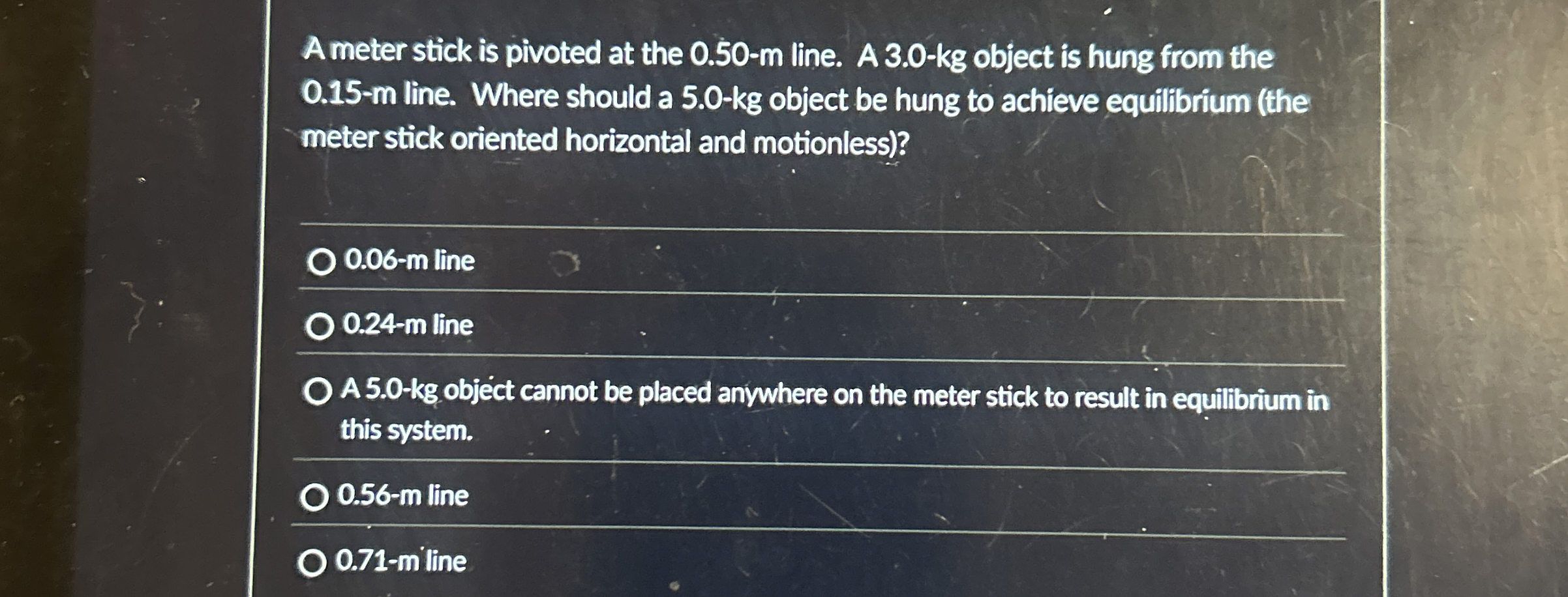 A meter stick is pivoted at the 0 . 5 0 - m line.