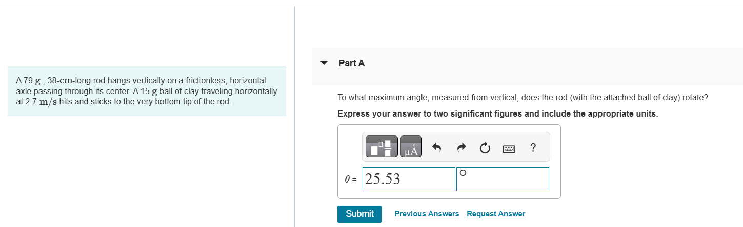 A 7 9 g , 3 8 - cm - long rod hangs vertically on
