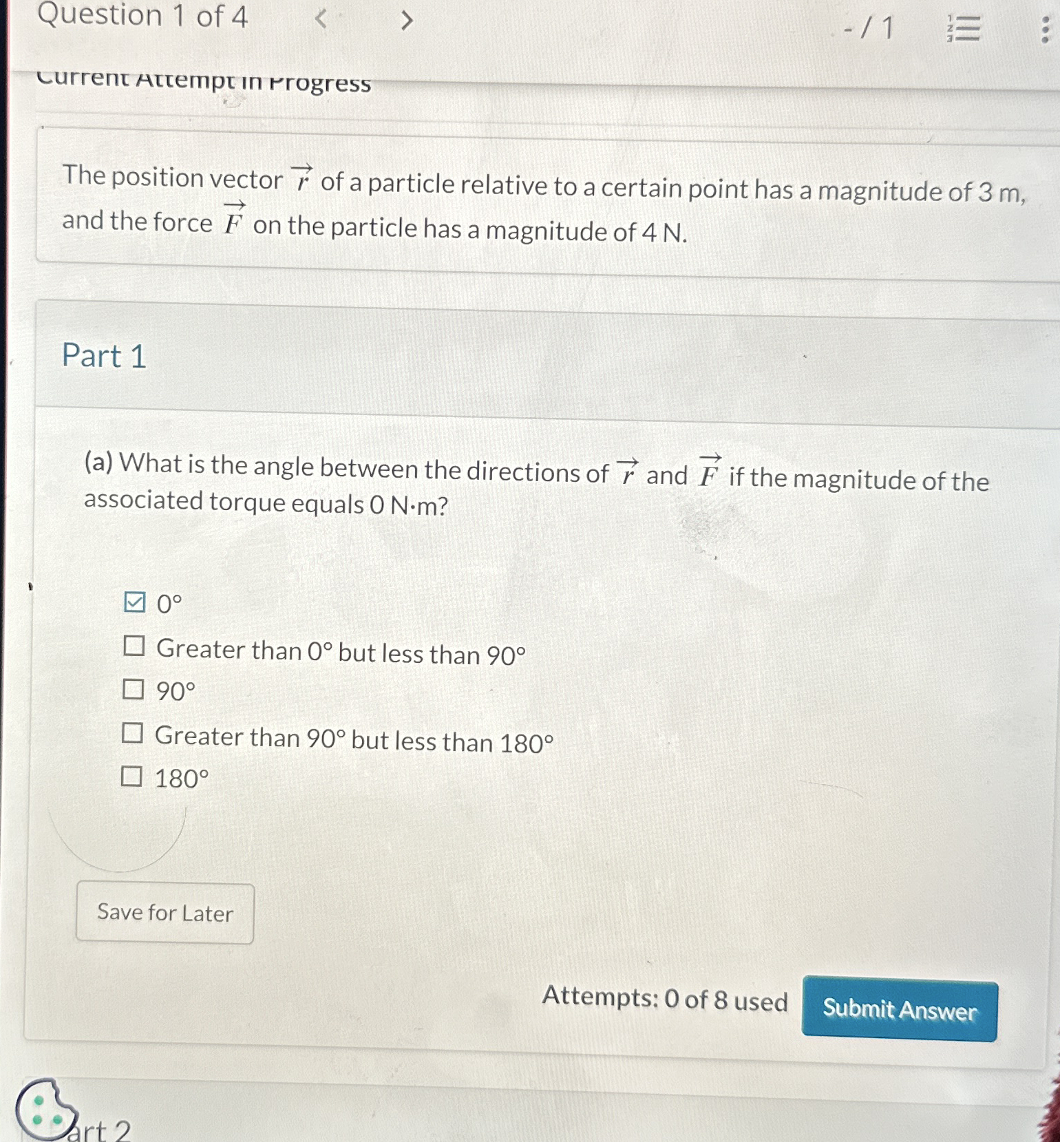 Question 1 of 4 - 1 Current atcempt in r rogress