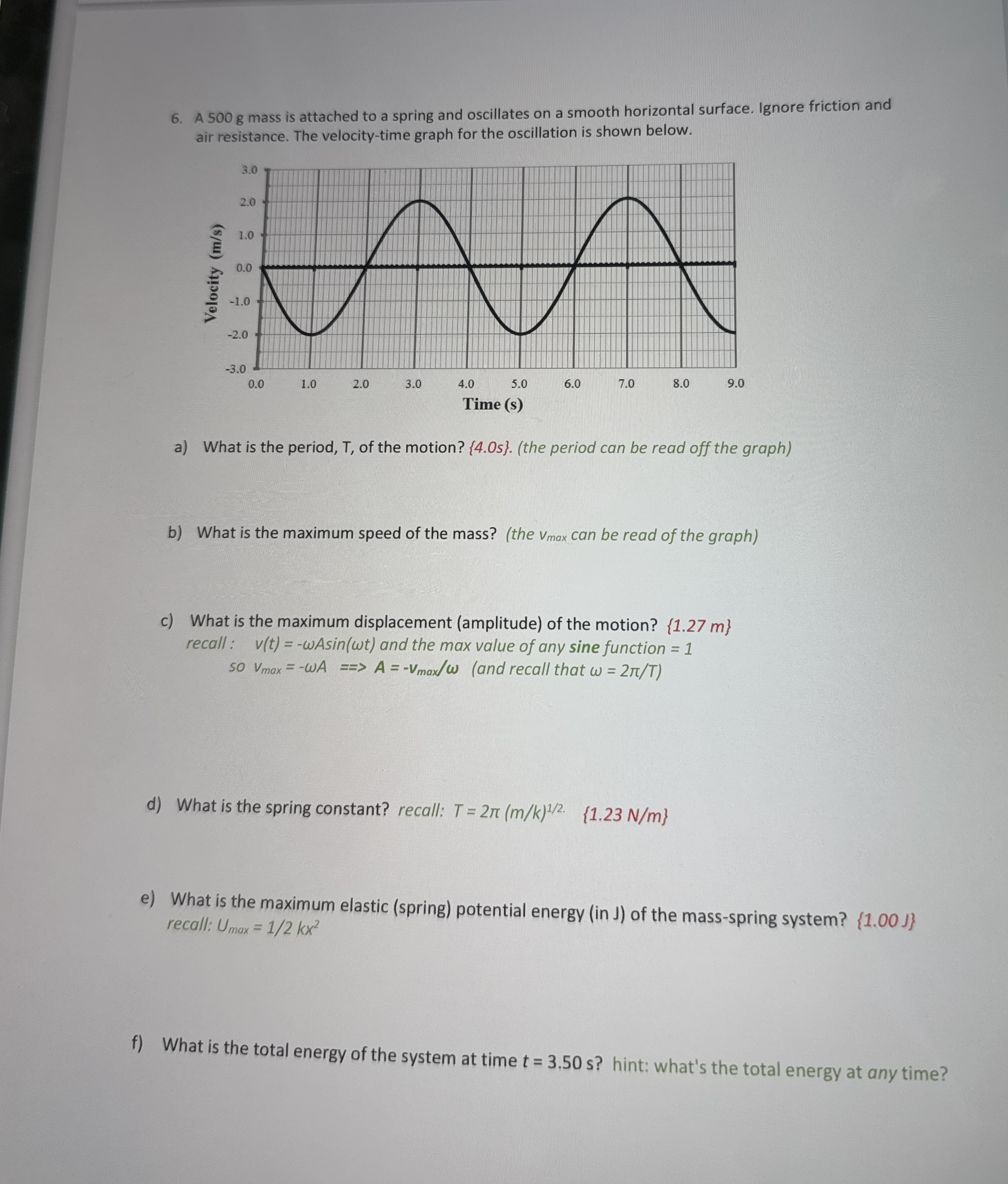 A 5 0 0 g mass is attached to a spring and
