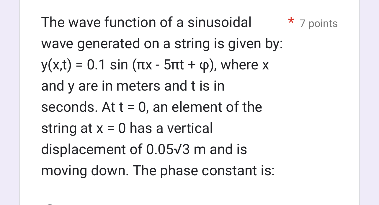 The wave function of a sinusoidal 7 points wave