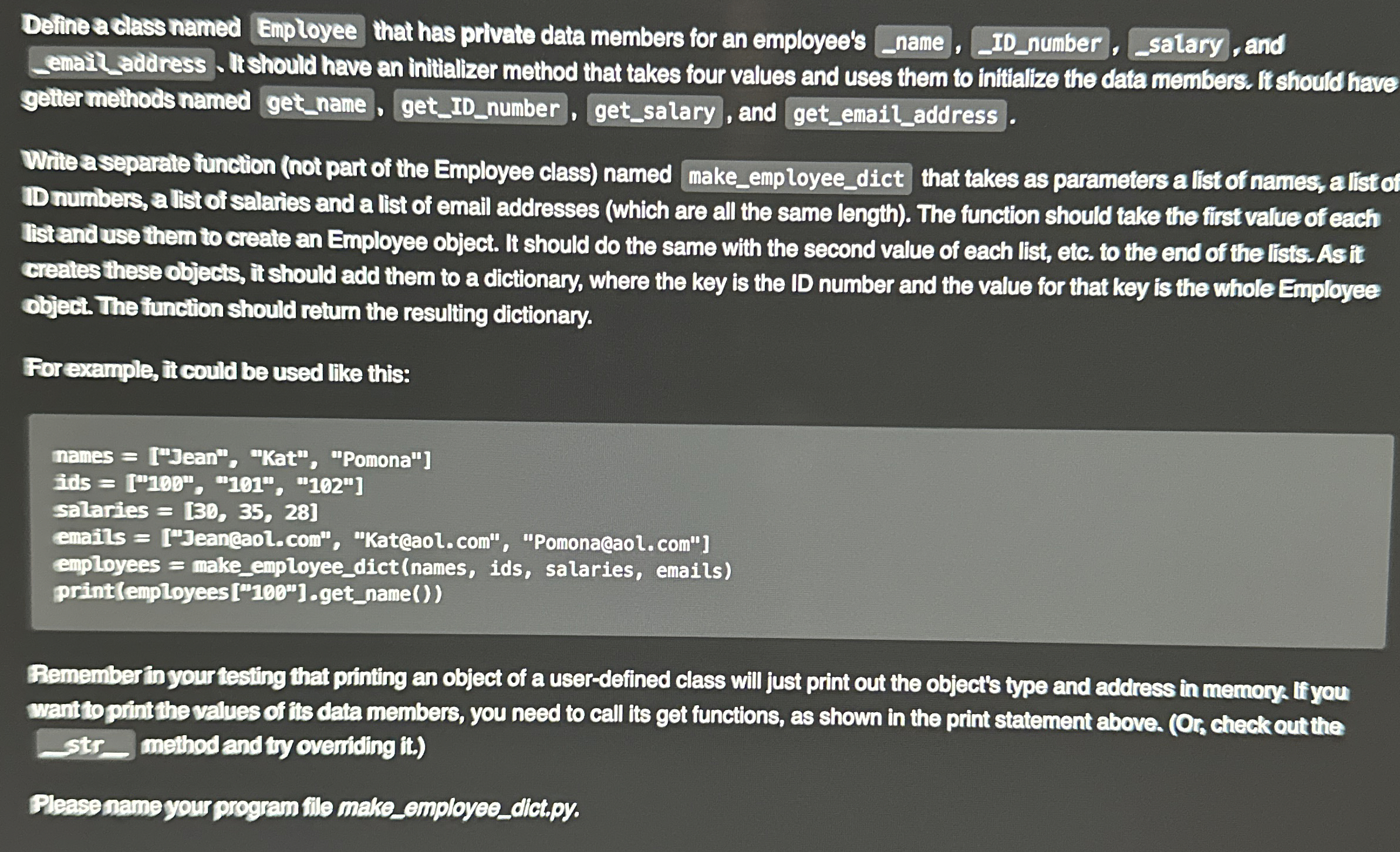 Detine a class named Employee that has private