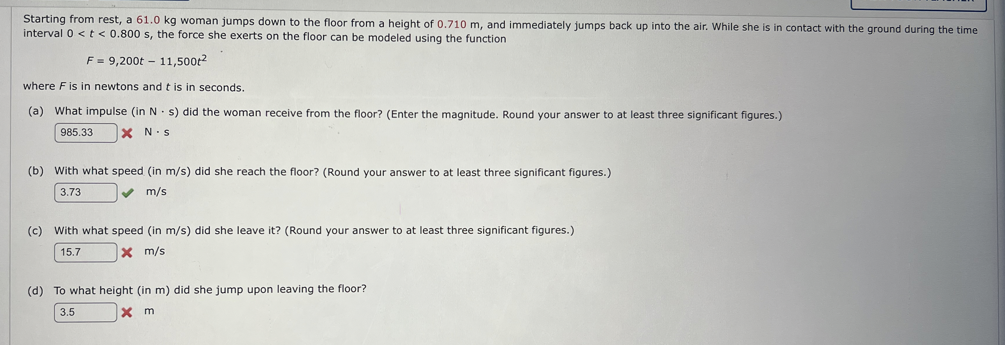 Starting from rest, a 6 1 . 0 kg woman jumps down