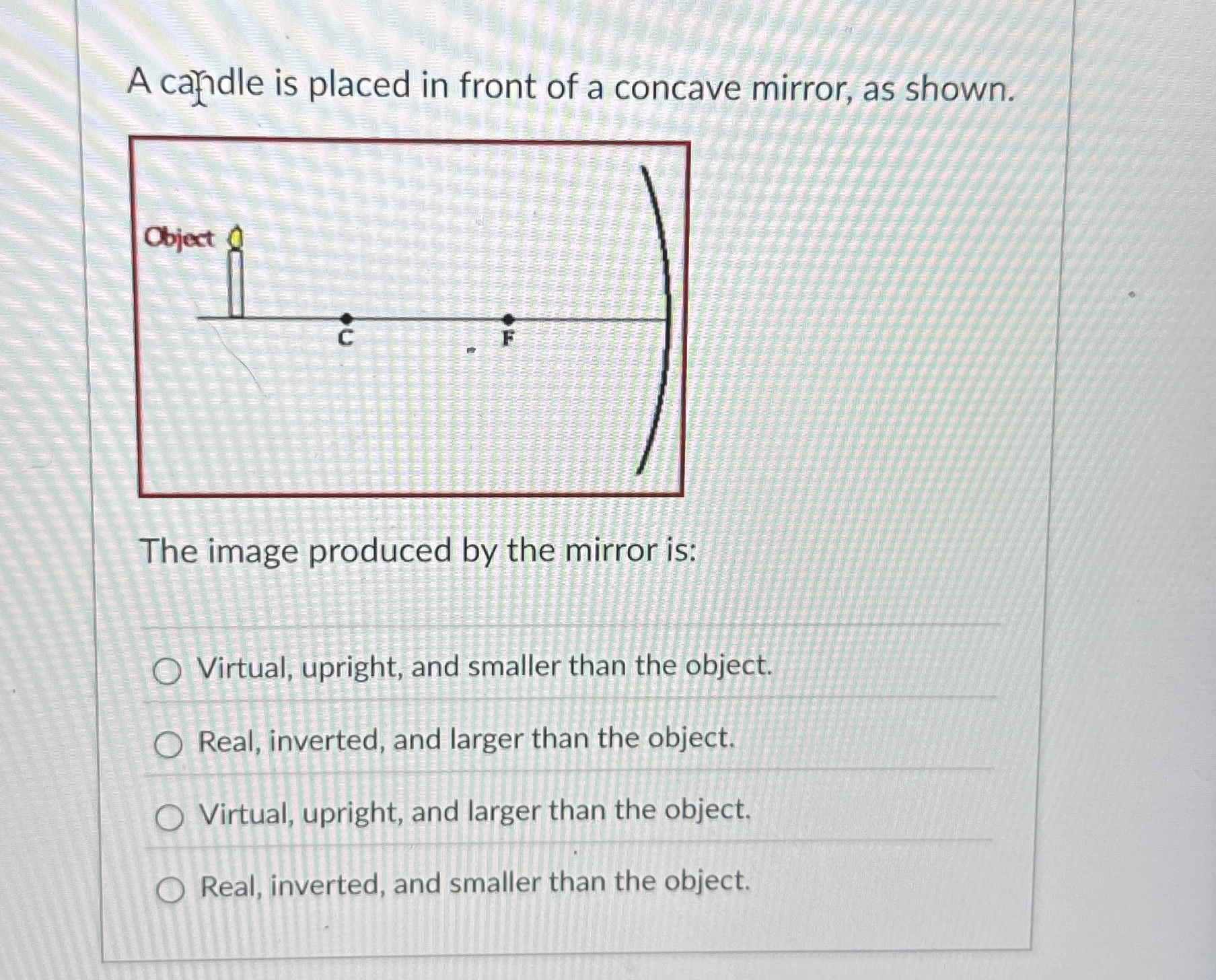 A cafidle is placed in front of a concave mirror,