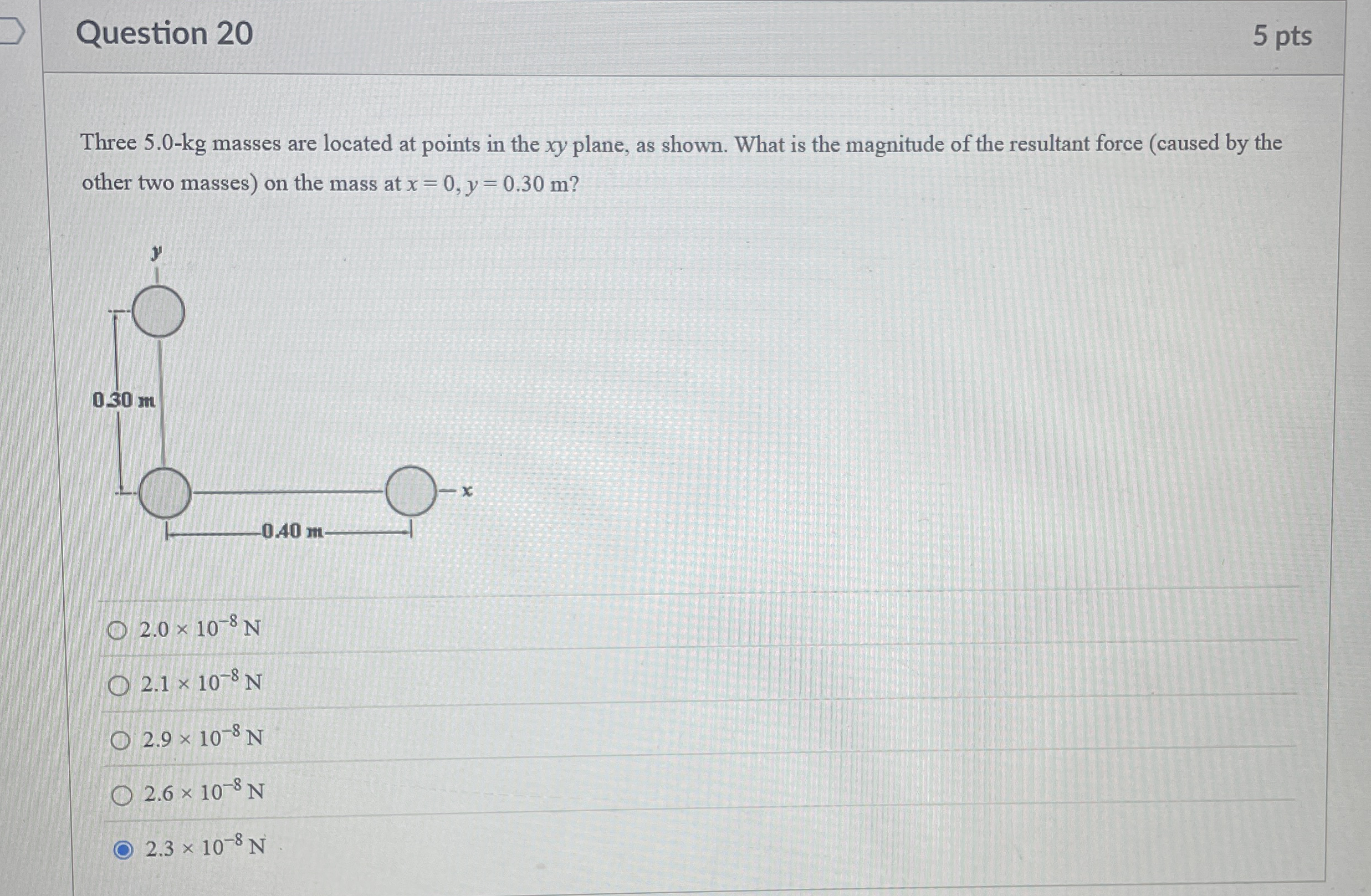 Question 2 0 5 pts Three 5 . 0 - k g masses are