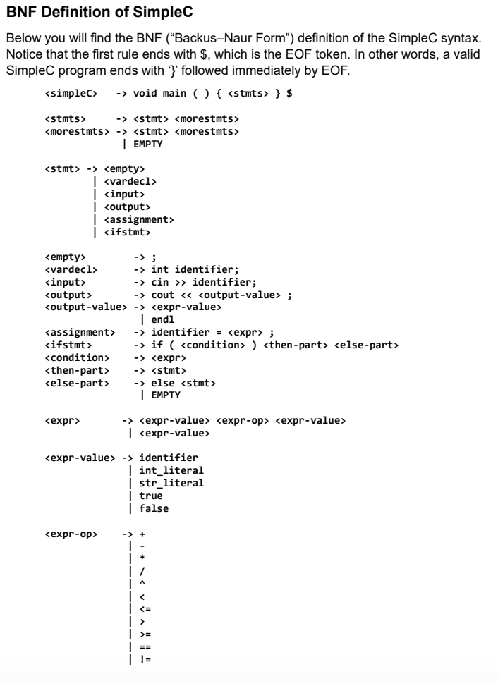 SimpleC The SimpleC language is a very simple