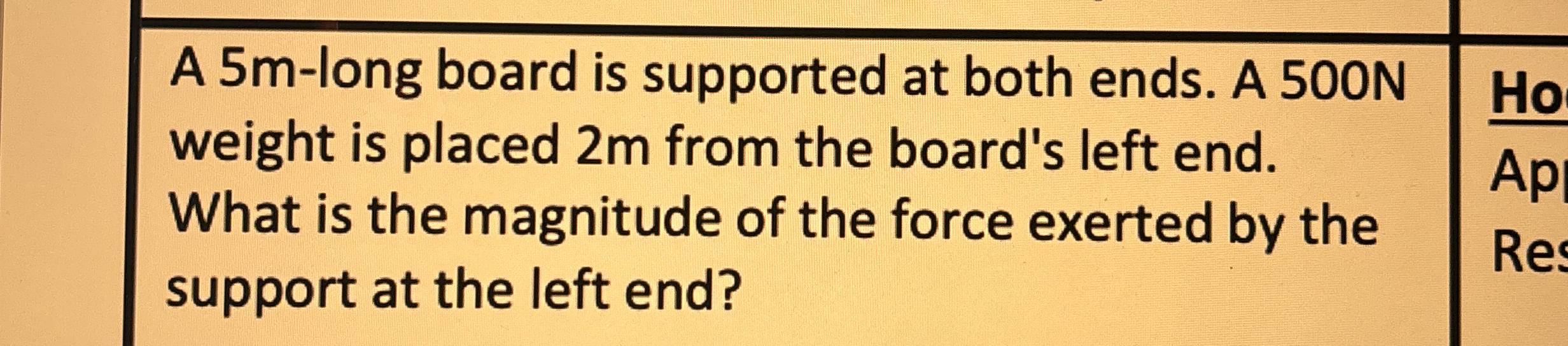 A 5 m - long board is supported at both ends. A 5