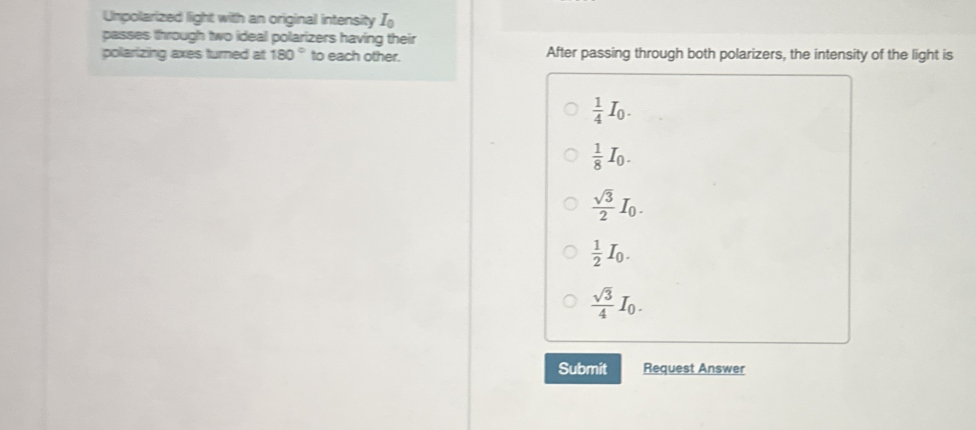 Unpolarized ligtt with an original intensity I 0
