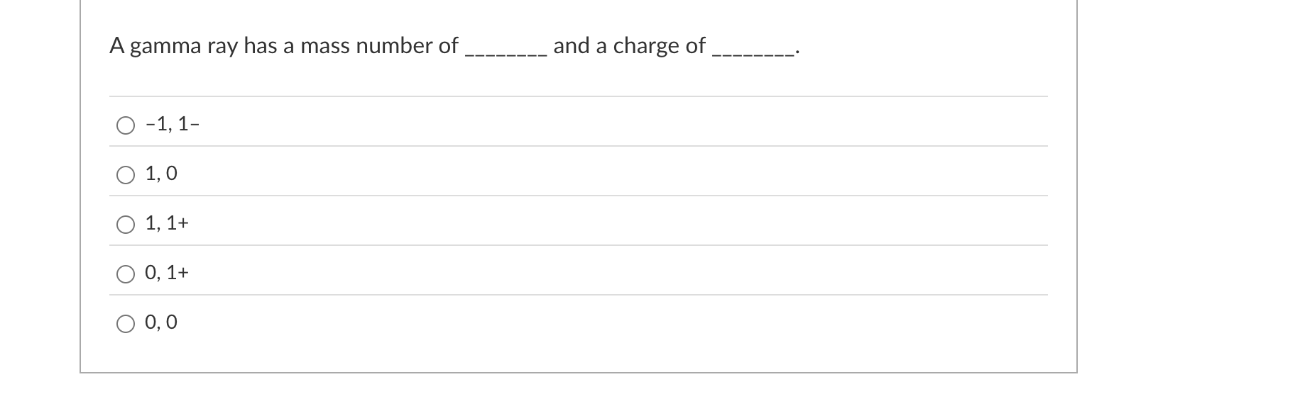 A gamma ray has a mass number of and a charge of