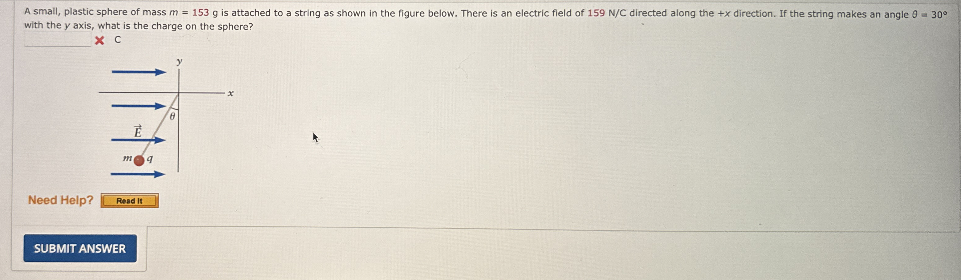 A small, plastic sphere of mass m = 1 5 3 g is