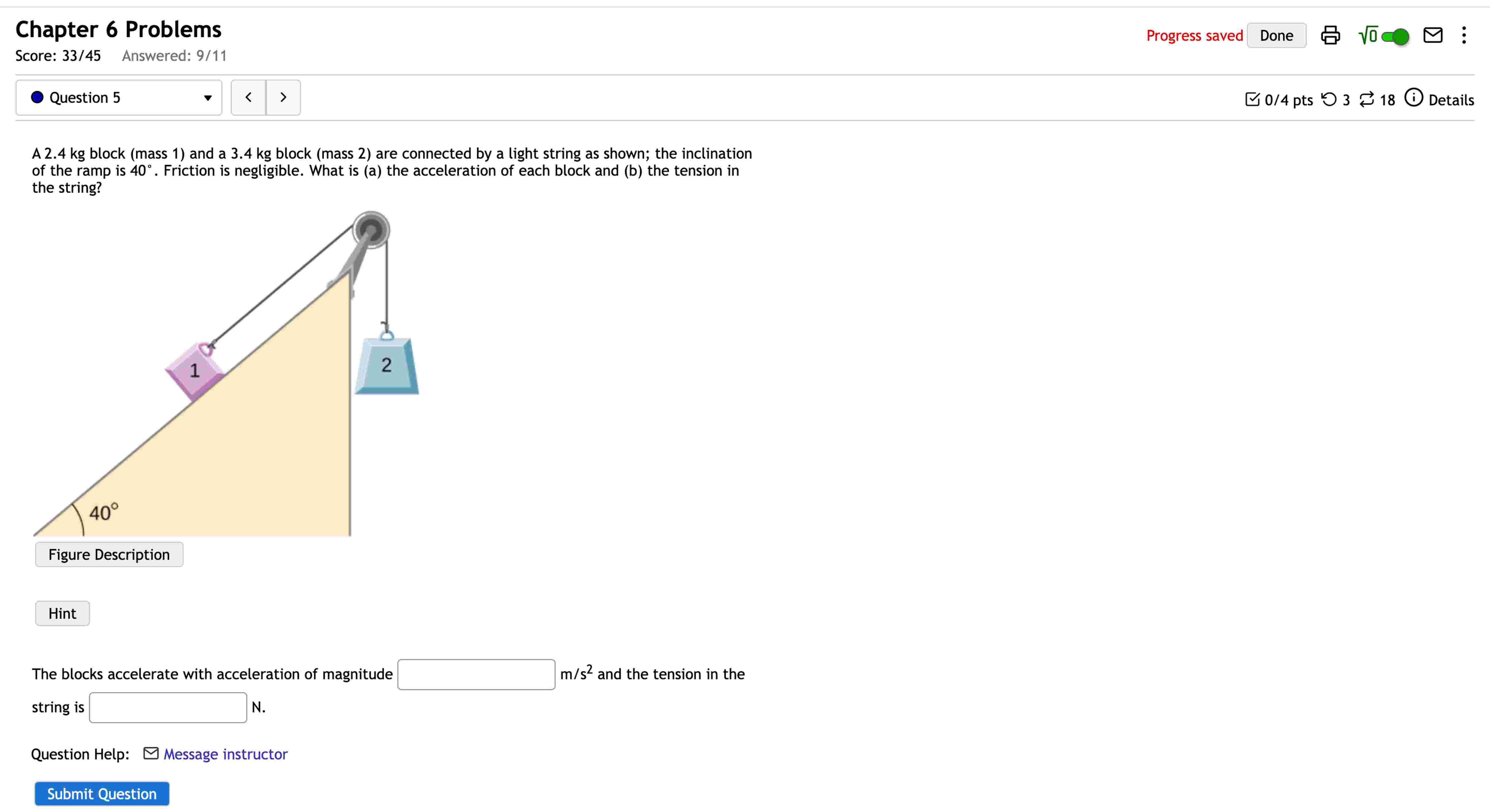 A 2 . 4 kg block ( mass 1 ) and a 3 . 4 kg block