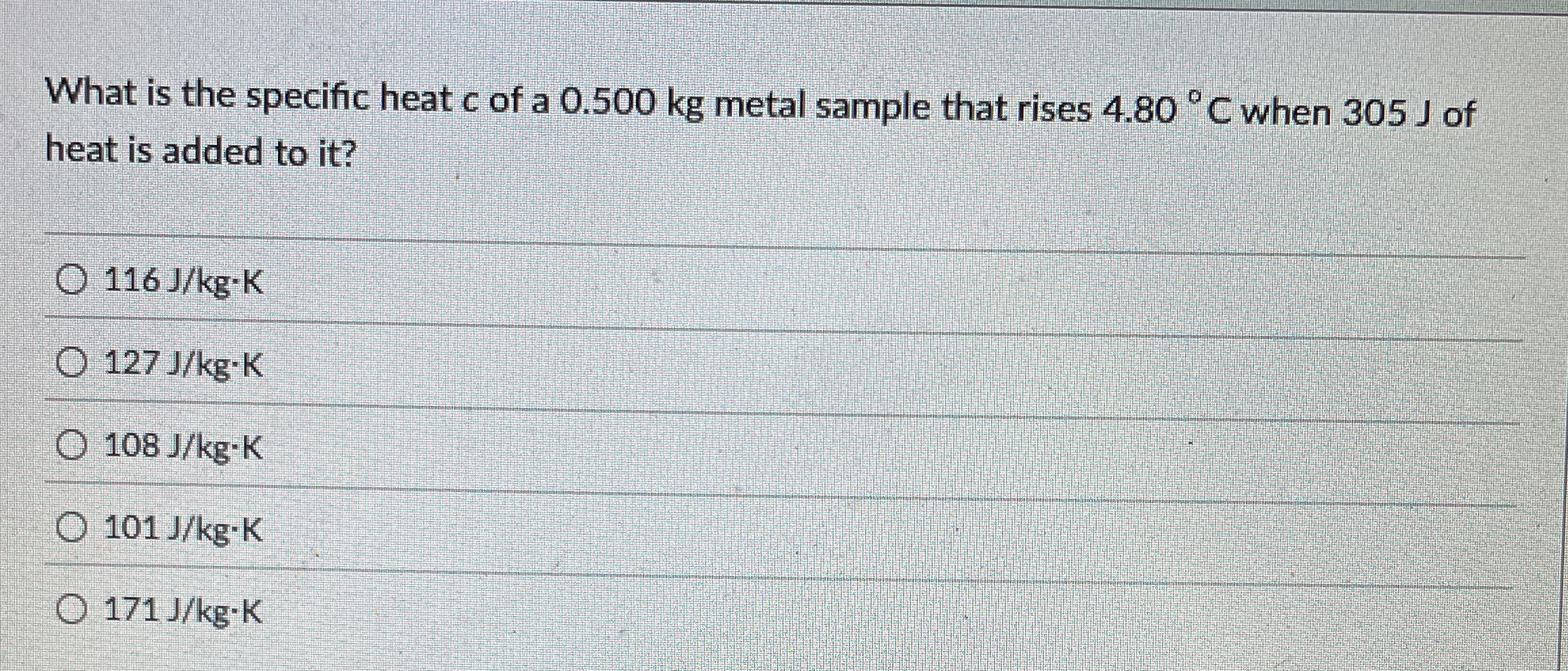 What is the specific heat c of a 0 . 5 0 0 kg