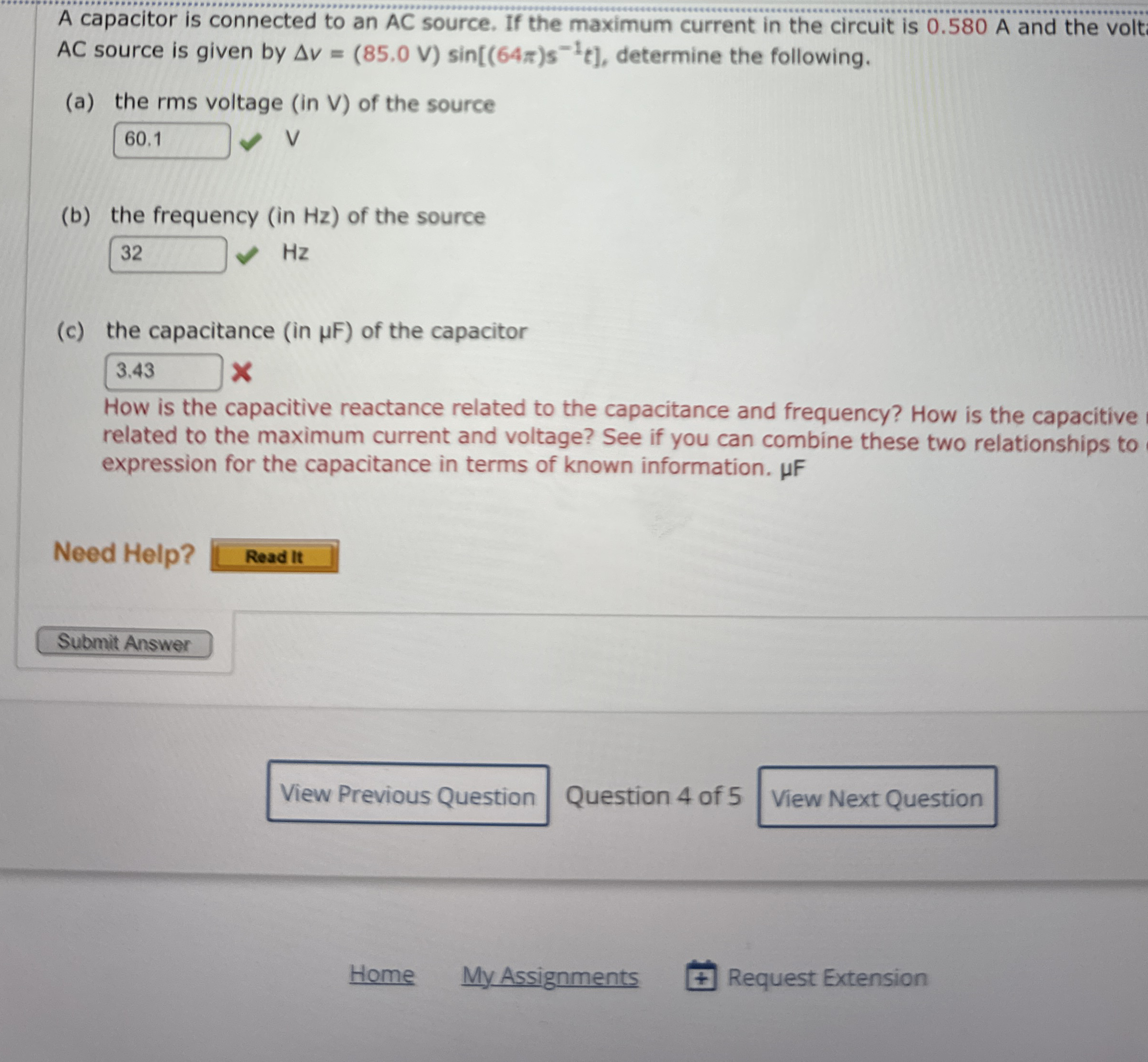 A capacitor is connected to an AC source. If the