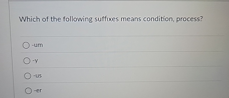 Which of the following suffixes means condition,