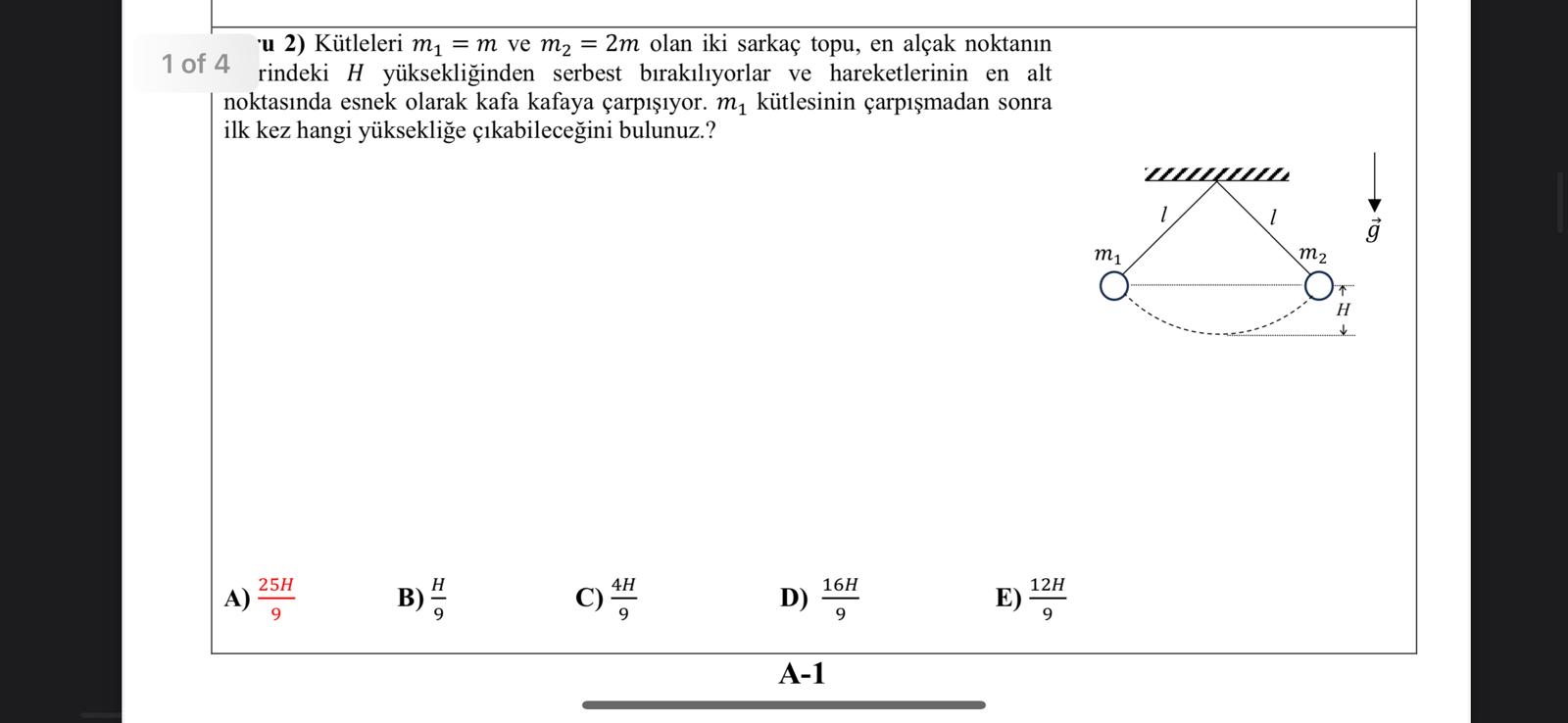 u 2 ) K tleleri m 1 = m ve m 2 = 2 m olan iki