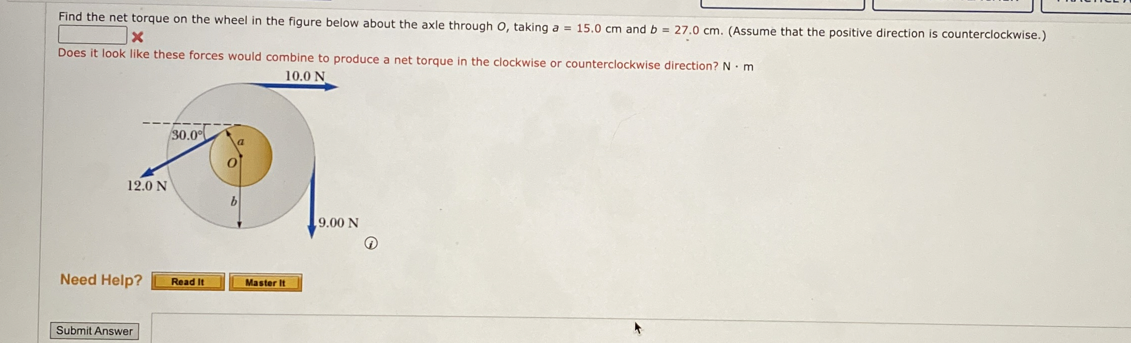 Find the net torque on the wheel in the figure