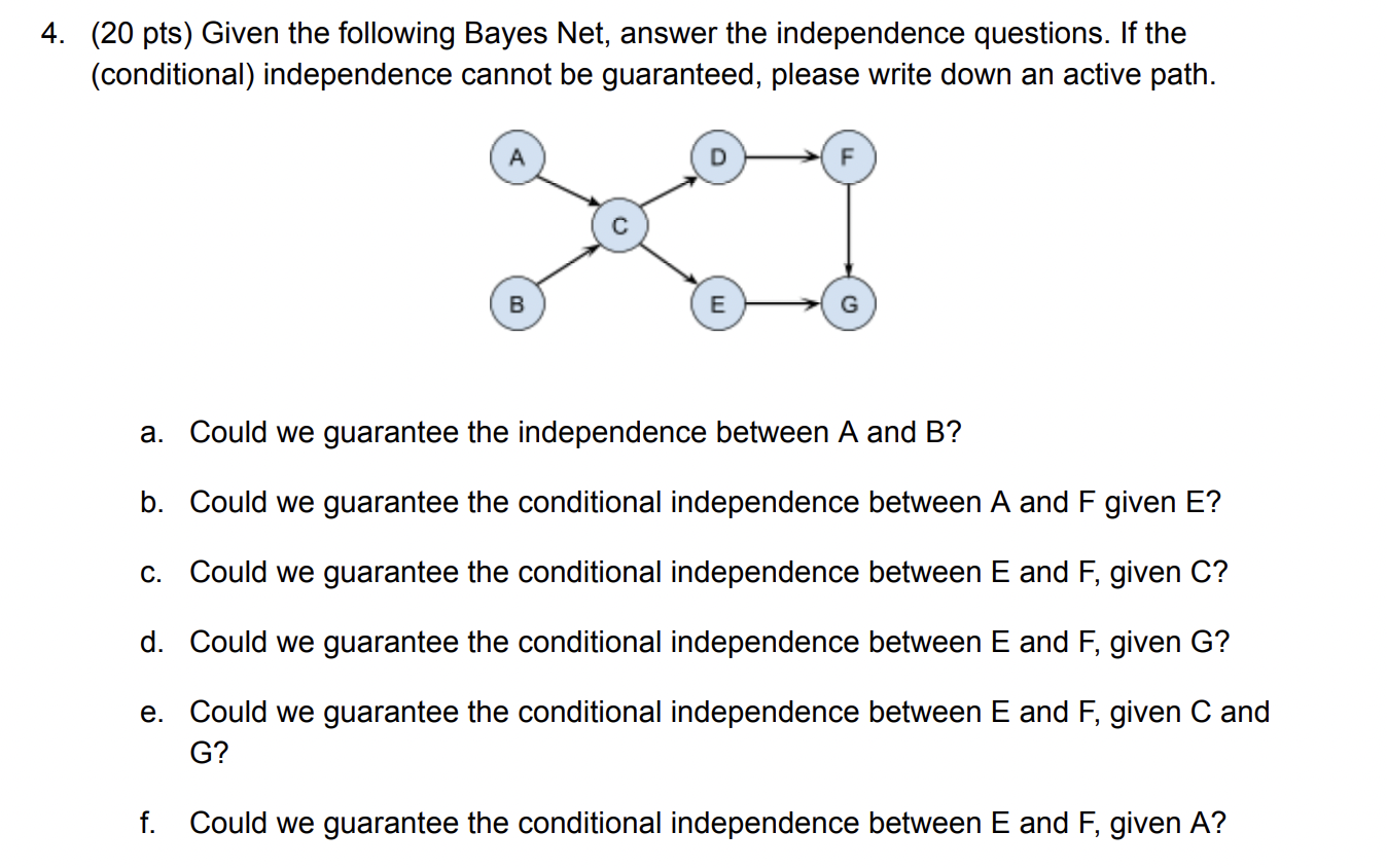 Given the following Bayes Net, answer the